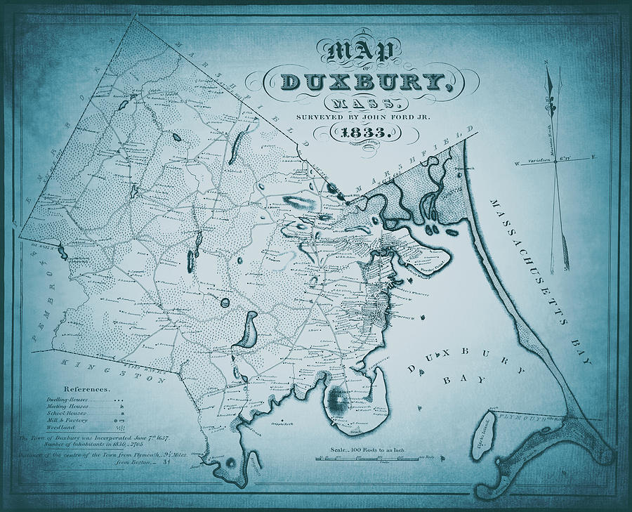 Vintage Photograph - Duxbury Massachusetts Historical Map 1833 Shades of Blue  by Carol Japp