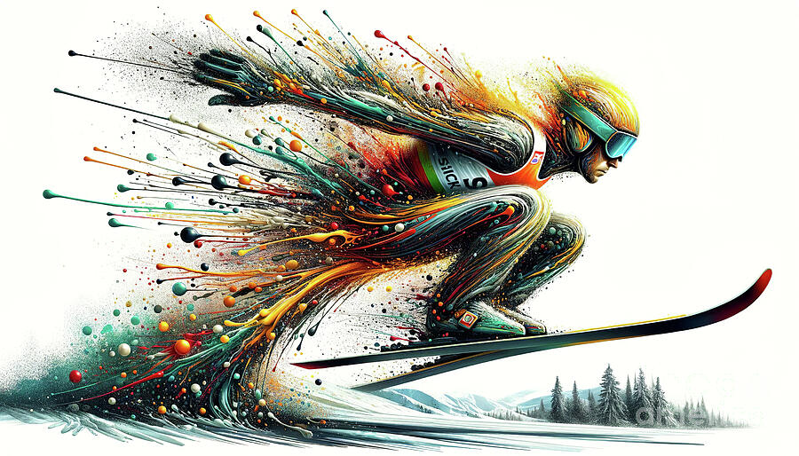 Dynamic digital art of a skier in motion, body transforming into colorful paint splatters  Digital Art by Odon Czintos