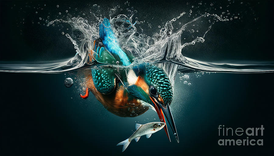 Dynamic underwater action as a kingfisher dives to catch a fish Digital Art by Odon Czintos