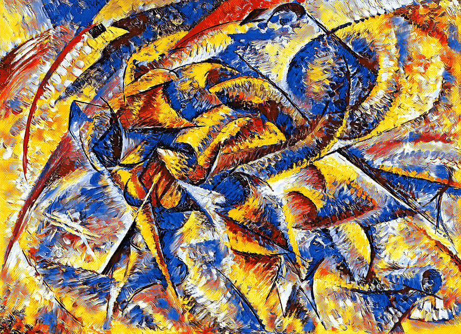 Dynamism of a Cyclist by Umberto Boccioni - colorful digital recreation in blue, yellow and red Digital Art by Nicko Prints