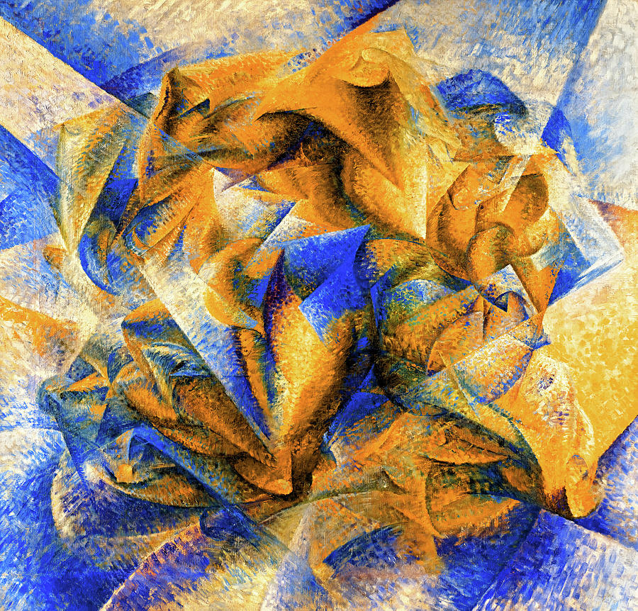 Dynamism of a Soccer Player by Umberto Boccioni - digital recreation in blue and orange Digital Art by Nicko Prints
