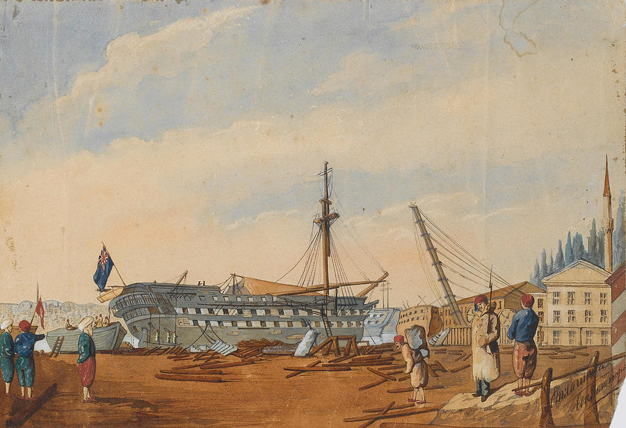E. Caruana Continental 19th Century Constantinople Dockyard Painting