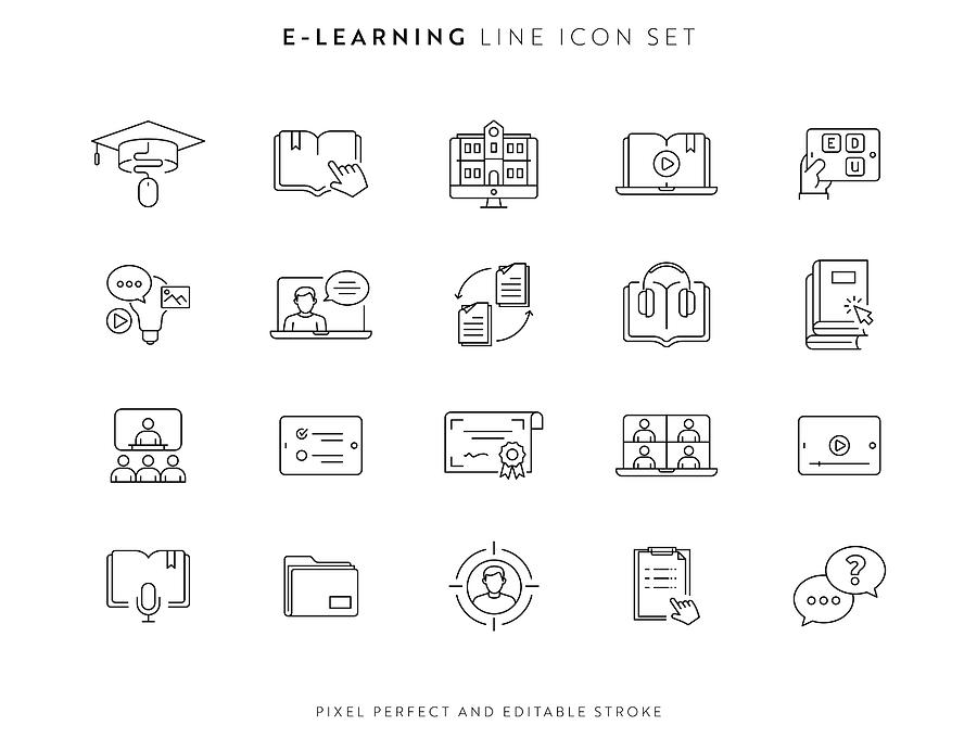 E-Learning and Courses Icon Set with Editable Stroke and Pixel Perfect. Drawing by Esra Sen Kula