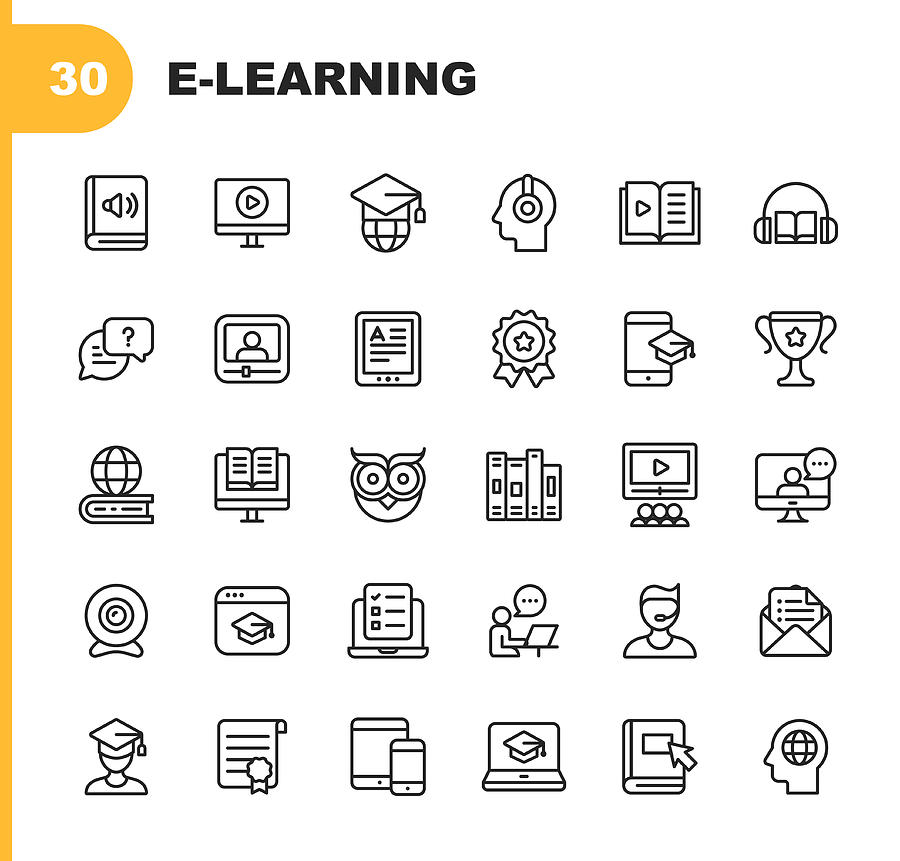 E-Learning Line Icons. Editable Stroke. Pixel Perfect. For Mobile and Web. Contains such icons as Book, AudioBook, Webinar, Online Education, Trophy. Drawing by Rambo182