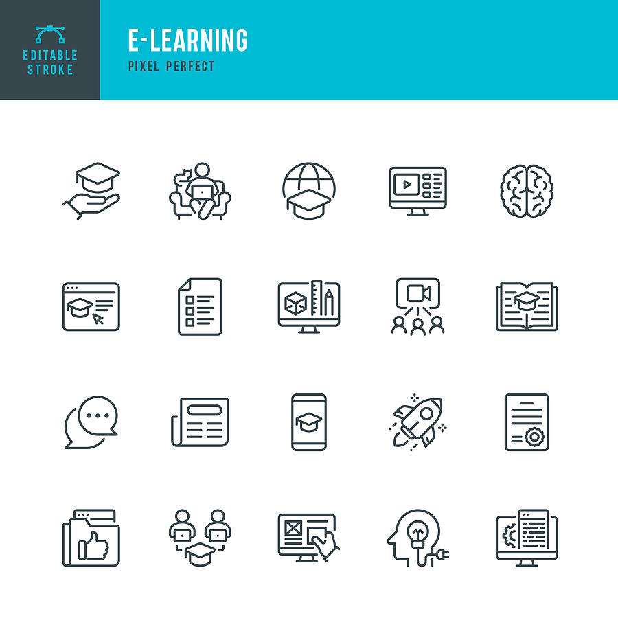 E - LEARNING - thin line vector icon set. Pixel perfect. Editable stroke. The set contains icons: E-Learning, Educational Exam, Rocket, Brain, Book. Drawing by Fonikum