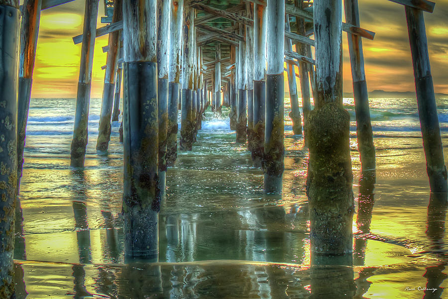 Under The Newport Beach Pier Sunset Reflections Orange County CA Los Angeles Architectural Art Photograph by Reid Callaway