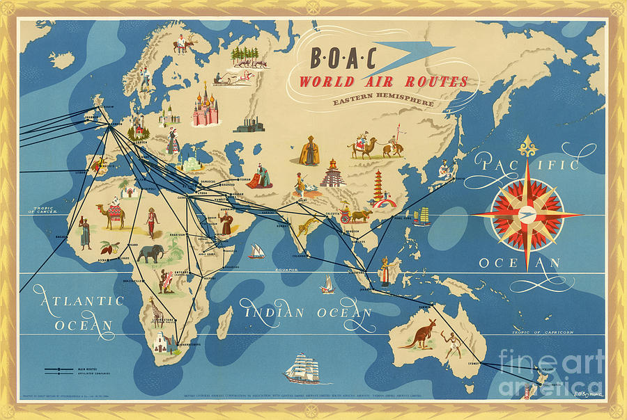 E O Seymour - B O A C World Air Routes - Eastern Hemisphere - 1948 Digital Art by Vintage Map E O Seymour - B O A C World Air Routes - Eastern Hemisphere - 1948 Digital Art by Vintage Map