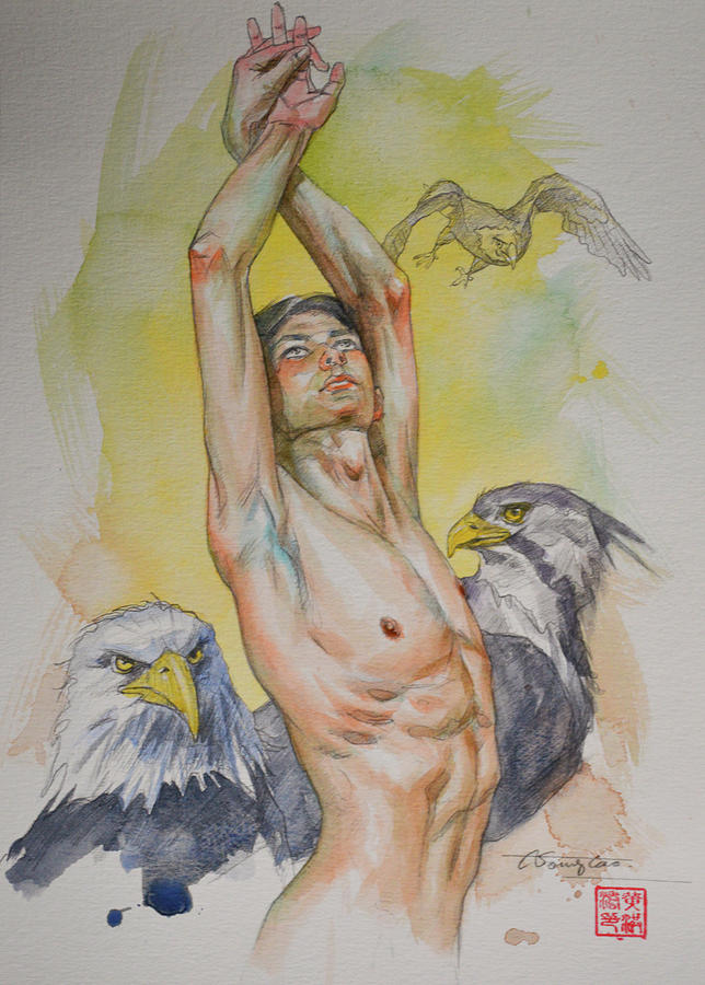 Eagle and man #191212 Painting by Hongtao Huang