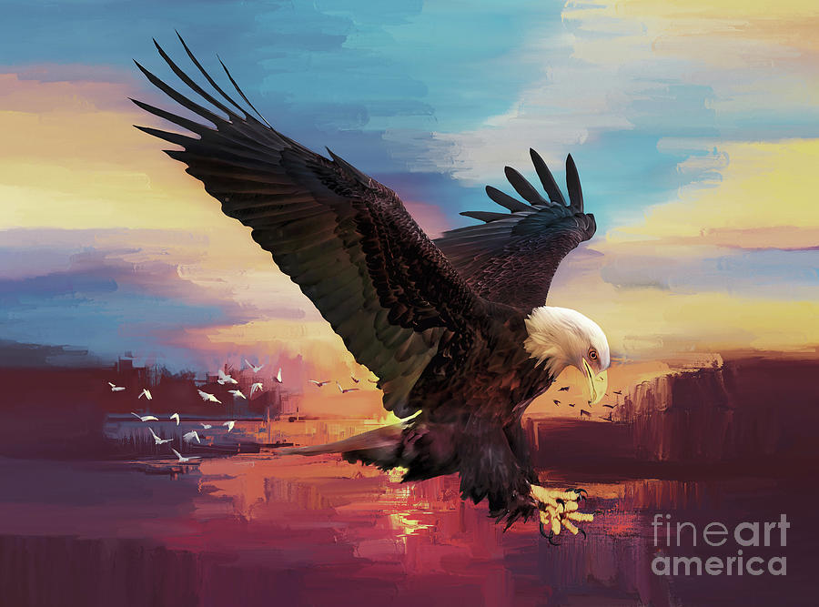 Eagle Painting - Eagle and sunset  by Gull G