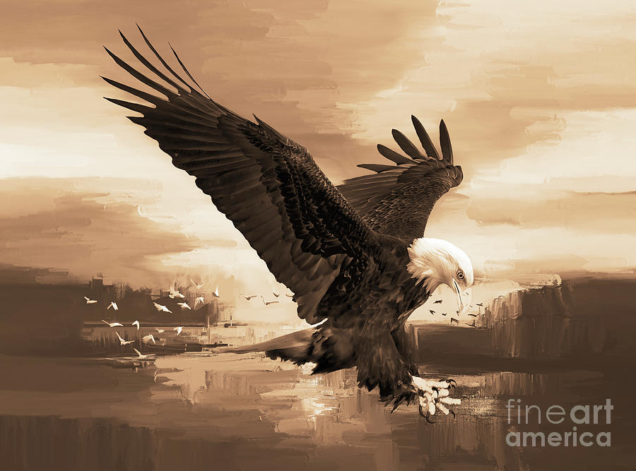 Eagle Painting - Eagle and sunset on the lake  by Gull G