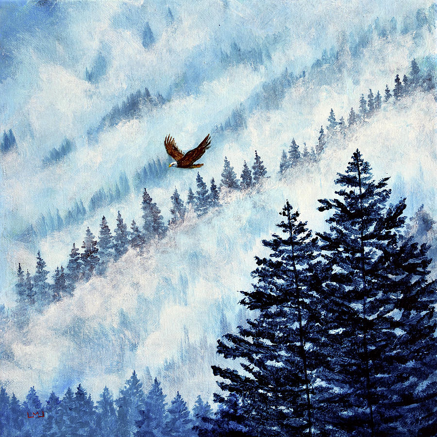 Bald Eagle Painting - Eagle Flying Over Misty Fir Trees by Laura Iverson