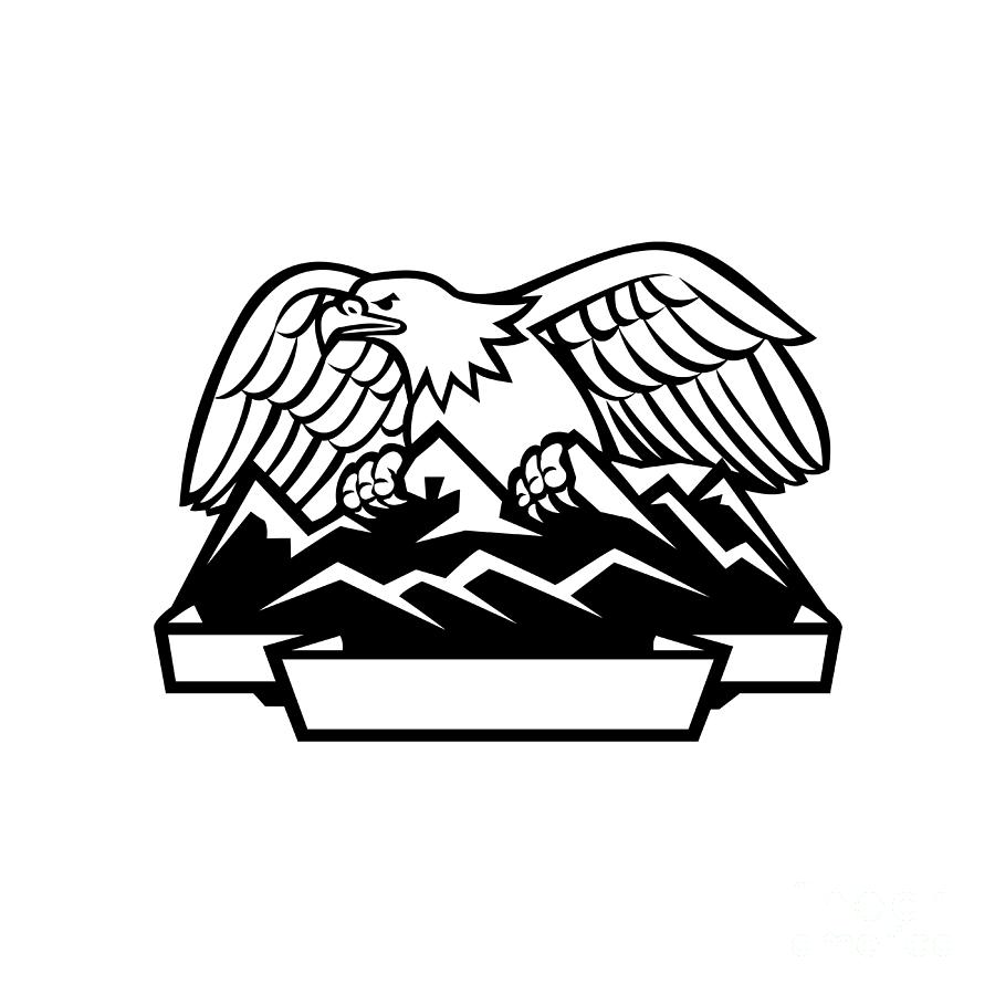 Eagle Perching On Mountain Range Black And White Digital Art