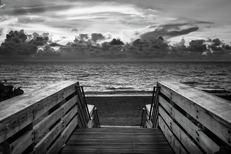 Early Morning Beach Stairs Black And White Photograph by Laura Fasulo