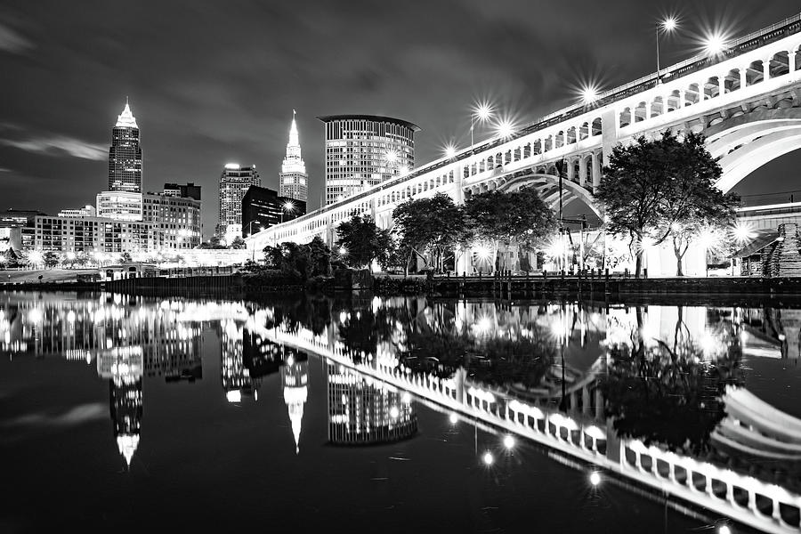 Early Morning Cleveland Ohio Skyline Reflections - Black And White Photograph by Gregory Ballos