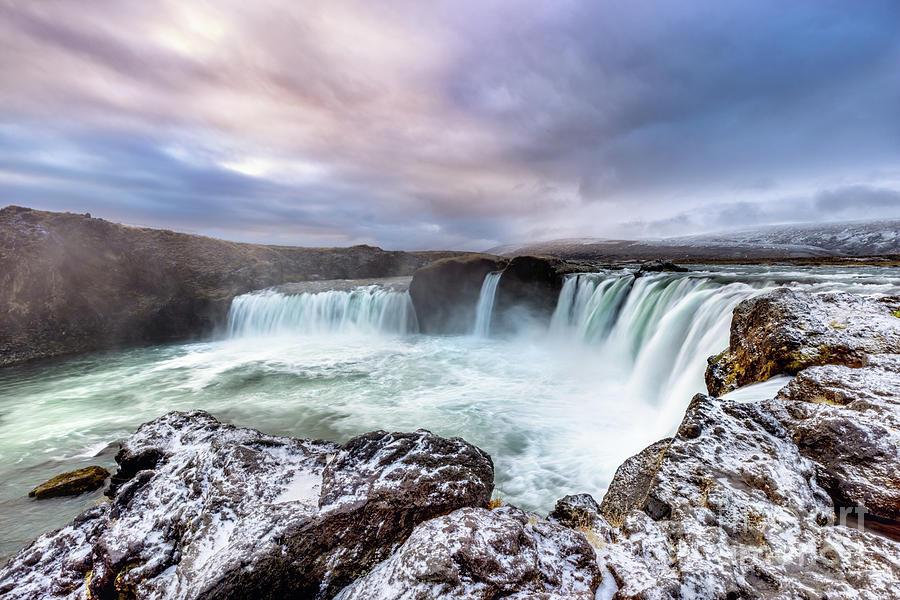 Early morning light at the majestic Godafoss waterfall, in north Photograph by Jane Rix