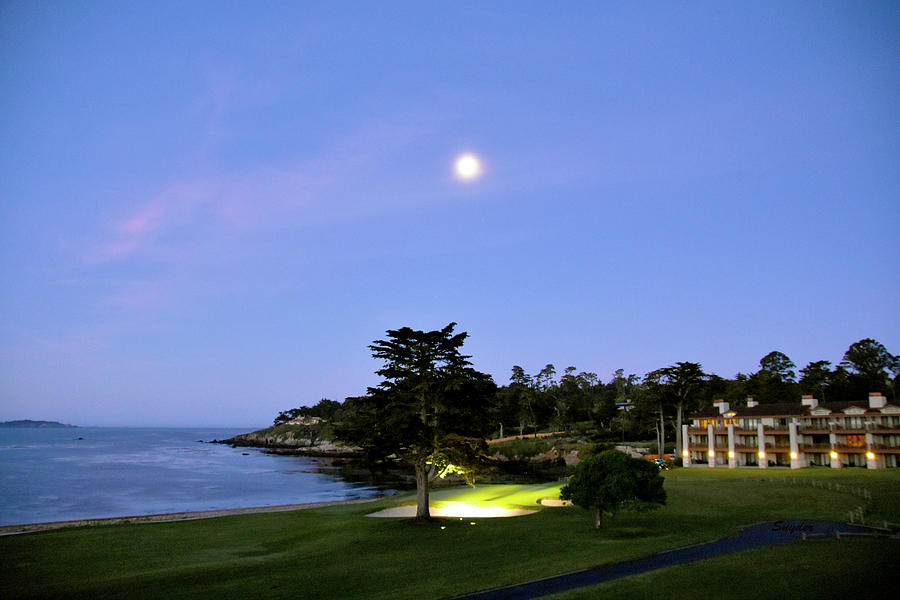Early Morning Moon at Pebble Beach 18th Green Photograph by Floyd Snyder