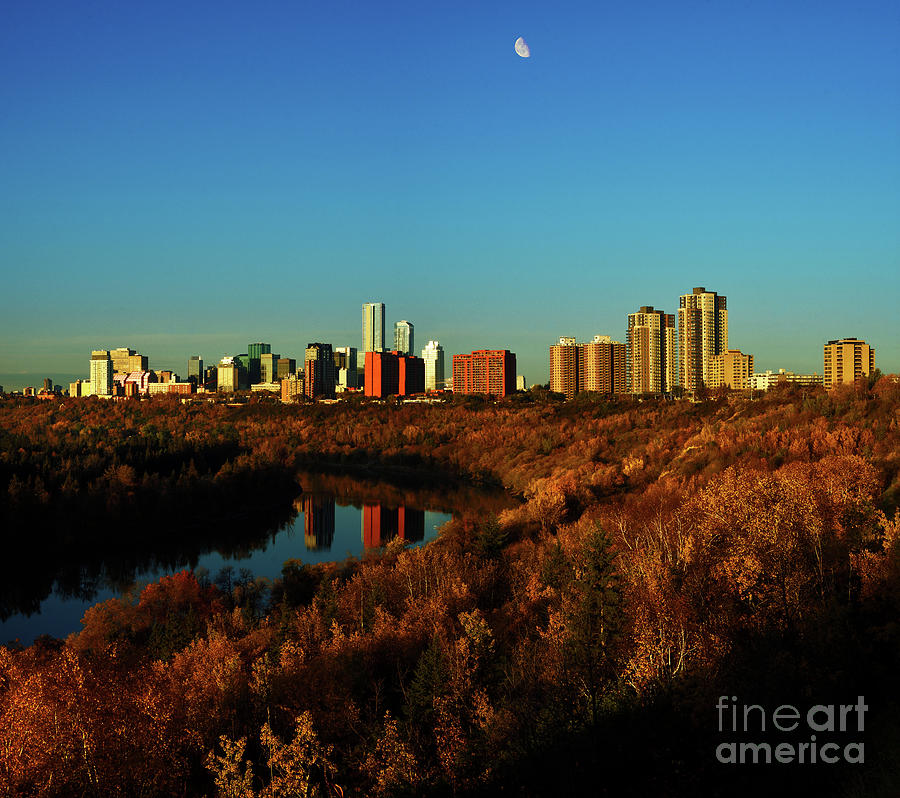 Early Morning Moon Over Edmonton River Valley October 2023 Photograph by Terry Elniski