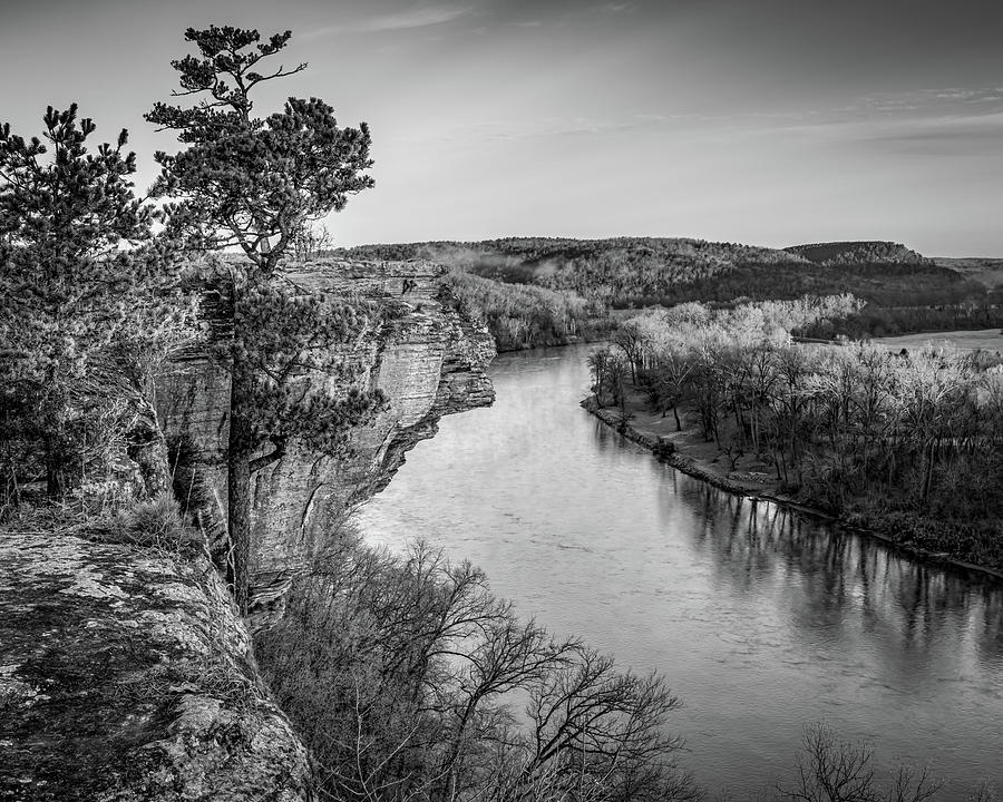 Early Morning Over The White River At Little Hawksbill Crag - Black and White Photograph by Gregory Ballos