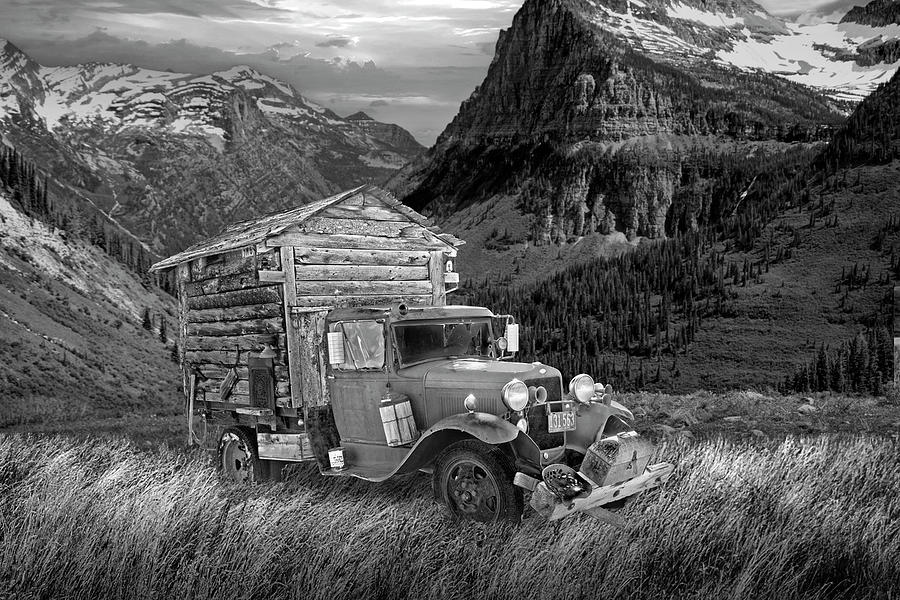 Early RV Motor Home in the Rockies in Black and White Photograph by Randall Nyhof