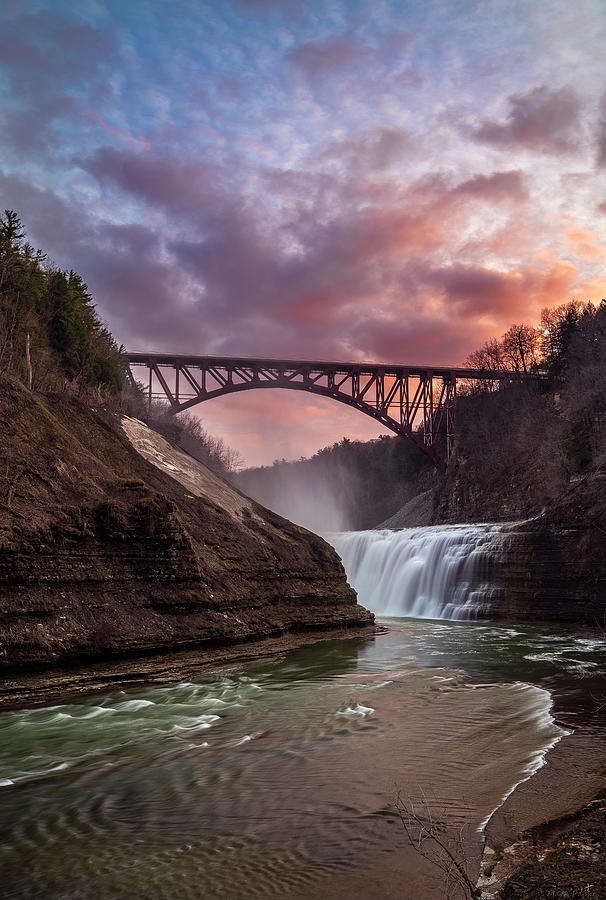 Early Spring Sunset At Upper Falls Letchworth Photograph by Mark Papke