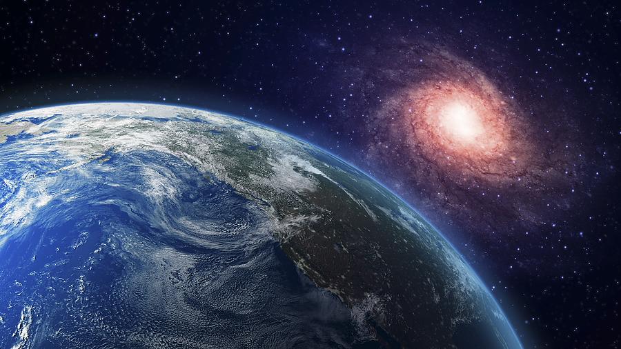Earth and galaxy, artwork Drawing by Andrzej Wojcicki