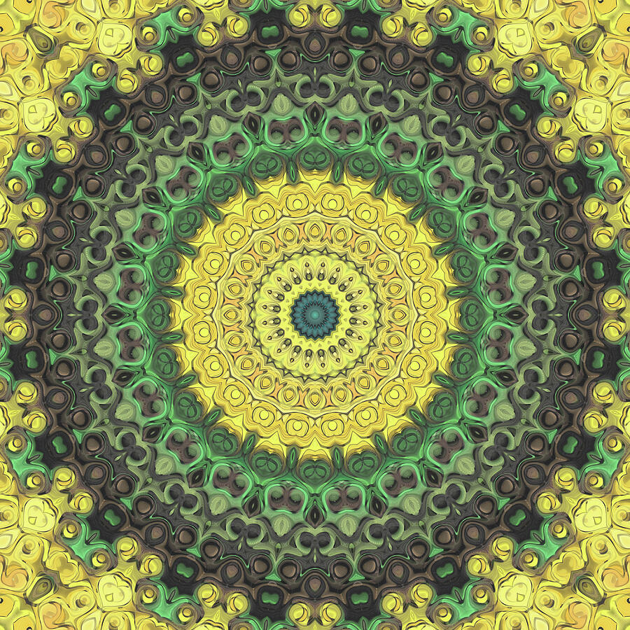 Earthy Green and Yellow Mandala Kaleidoscope Medallion Digital Art by Mercury McCutcheon