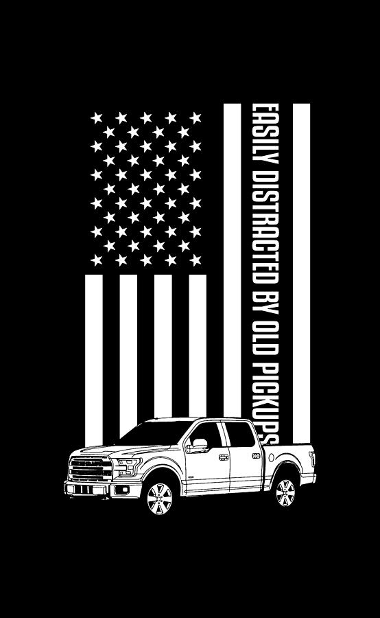 Easily Distracted By Old Pickup Trucks American Flag Vintage Long Sleeve T-shirt Drawing
