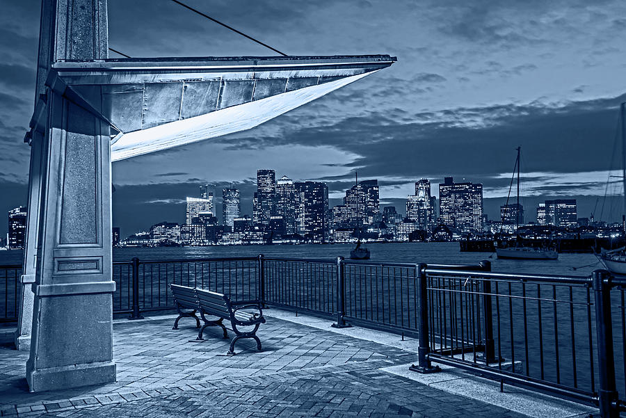 East Boston at Dusk The Boston Skyline and Harbor Boston MA Monochrome Blue Nights Photograph by Toby McGuire