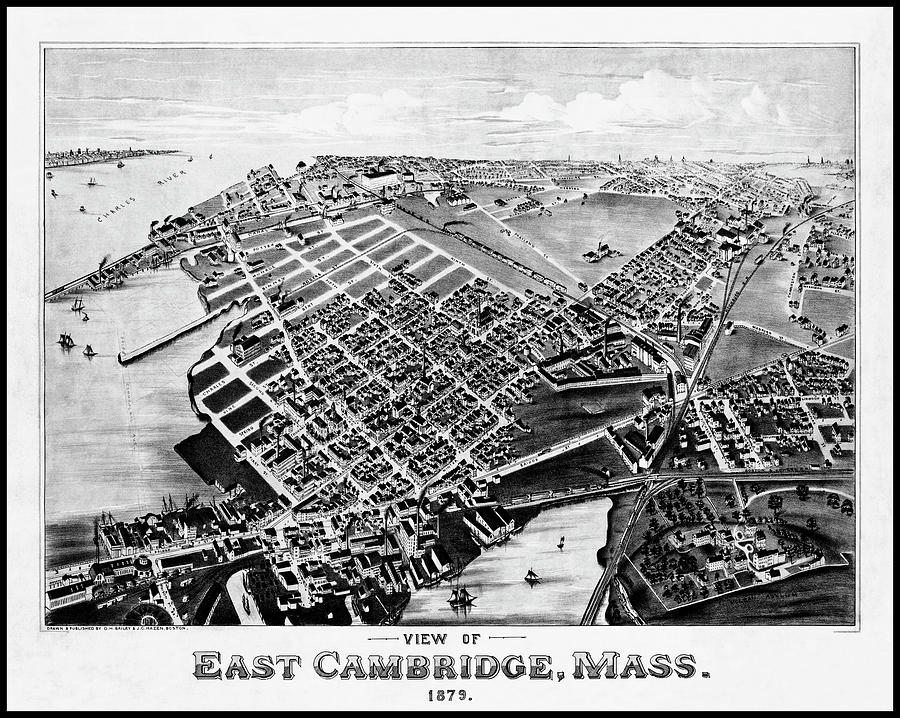 East Cambridge Massachusetts Vintage Map Birds Eye View 1879 Black and White  Photograph by Carol Japp