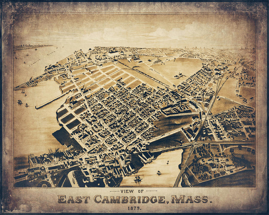 East Cambridge Massachusetts Vintage Map Birds Eye View 1879 Sepia  Photograph by Carol Japp