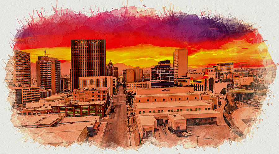 East Mills Avenue in downtown El Paso at sunset - watercolor painting Digital Art by Nicko Prints