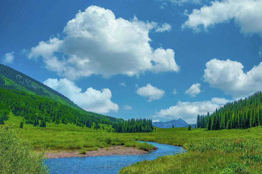 East River at Crested Butte, Mountain River Winding Through Lush Green Pasture Photograph by Tom Potter