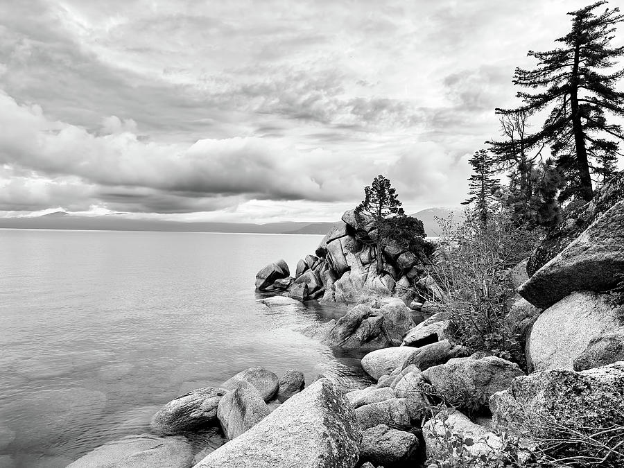 East shore Lake Tahoe black and white Photograph by Monica Hughes