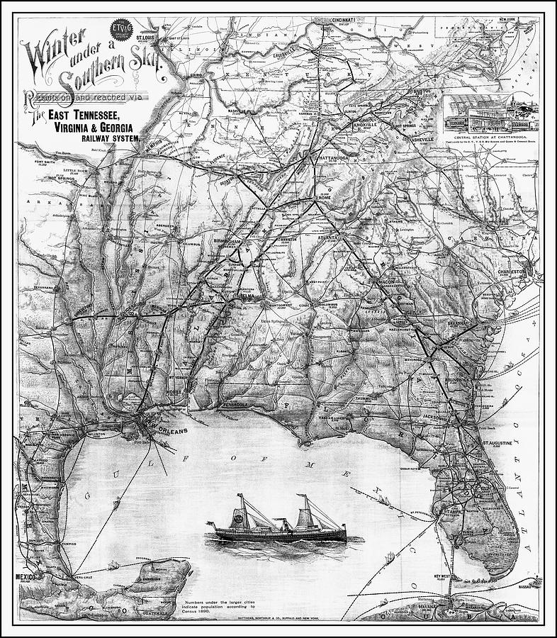 Virginia Map Photograph - East Tennessee Virginia and Georgia Vintage Railroad Map 1890 Black and White  by Carol Japp