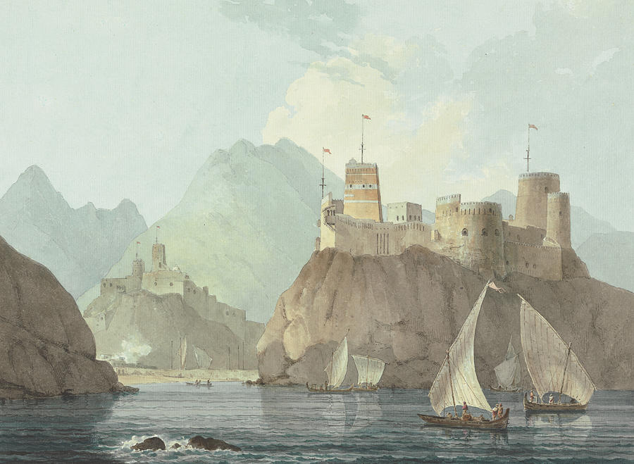 East View of the Forts Jellali and Merani, Muskat Drawing by Thomas Daniell