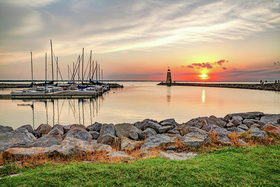 East Wharf Sunset and Lake Hefner Lighthouse Photograph by Gregory Ballos