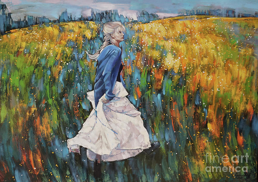 East wind. Girl. Landscape Painting by Anastasija Kraineva