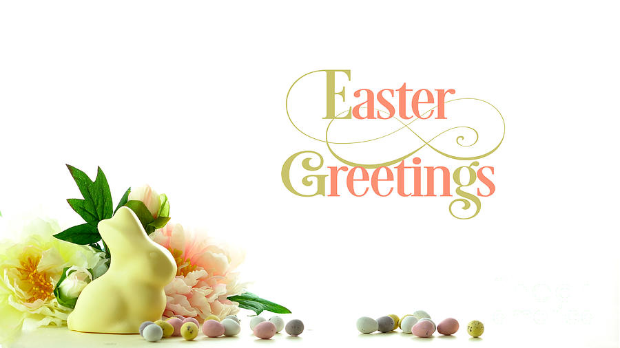 Easter background with white chocolate bunny and spring flowers border and text. Photograph by Milleflore Images