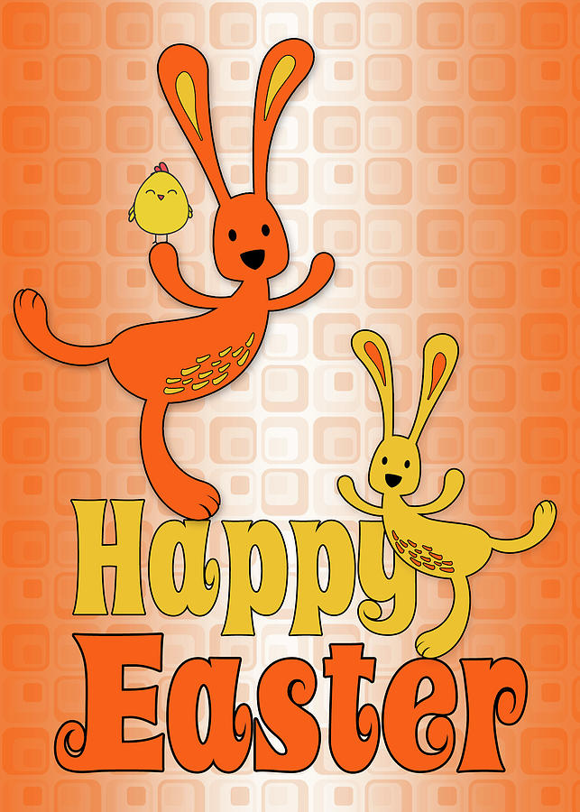 Easter Bunnies with Chick in Orange and Yellow  Digital Art by Doreen Erhardt