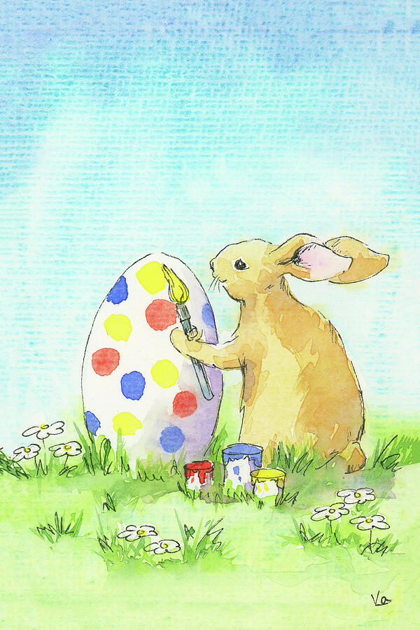 Easter bunny paints easter eggs Painting by Karen Kaspar