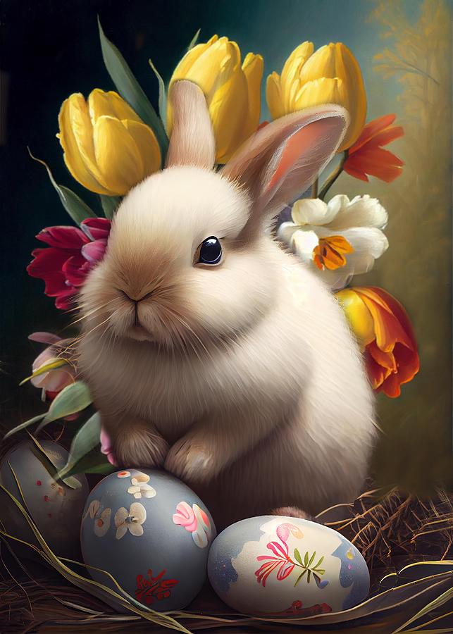 Easter Bunny with Eggs and Spring Flowers I Digital Art by Lily Malor