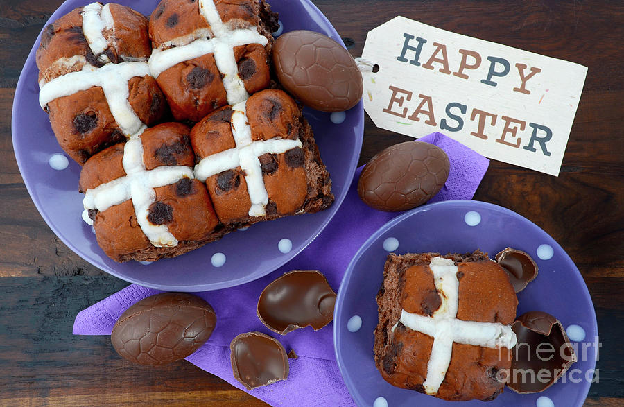 Easter chocolate hot cross buns Photograph by Milleflore Images