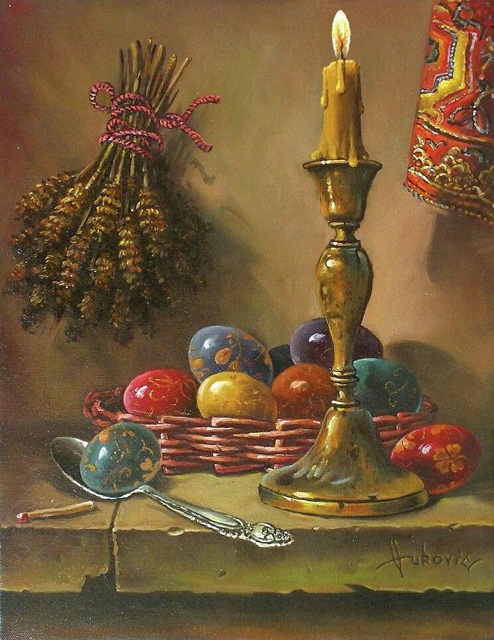 Still Life Painting - Easter - decorating eggs by Dusan Vukovic