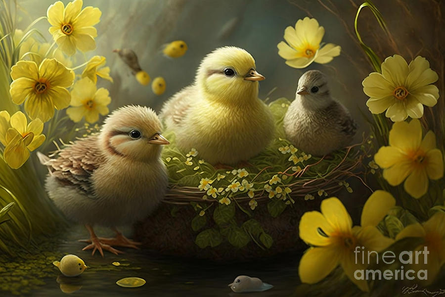 Easter Digital Art - Easter Delight, Charming Chicks and Flowers in Photorealistic Splendor by Jeff Creation