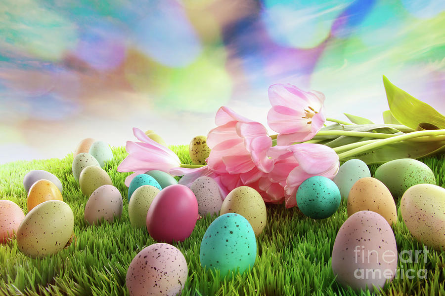 Easter eggs with tulips on grass with rainbow sky Photograph by Sandra Cunningham