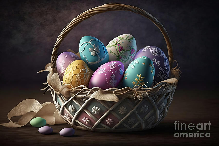 Easter Digital Art - Easter Elegance, A Photorealistic Basket Brimming with Colorful Eggs by Jeff Creation