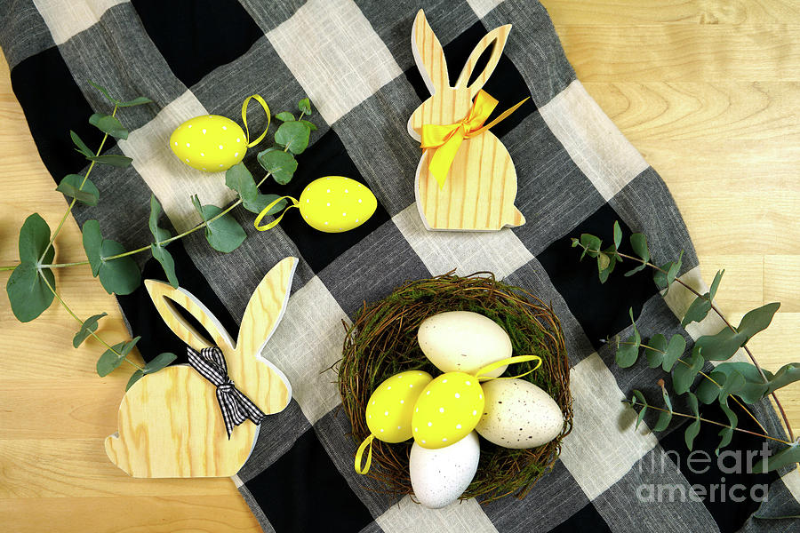 Easter farmhouse theme flatlay with black white buffalo plaid check. Photograph by Milleflore Images