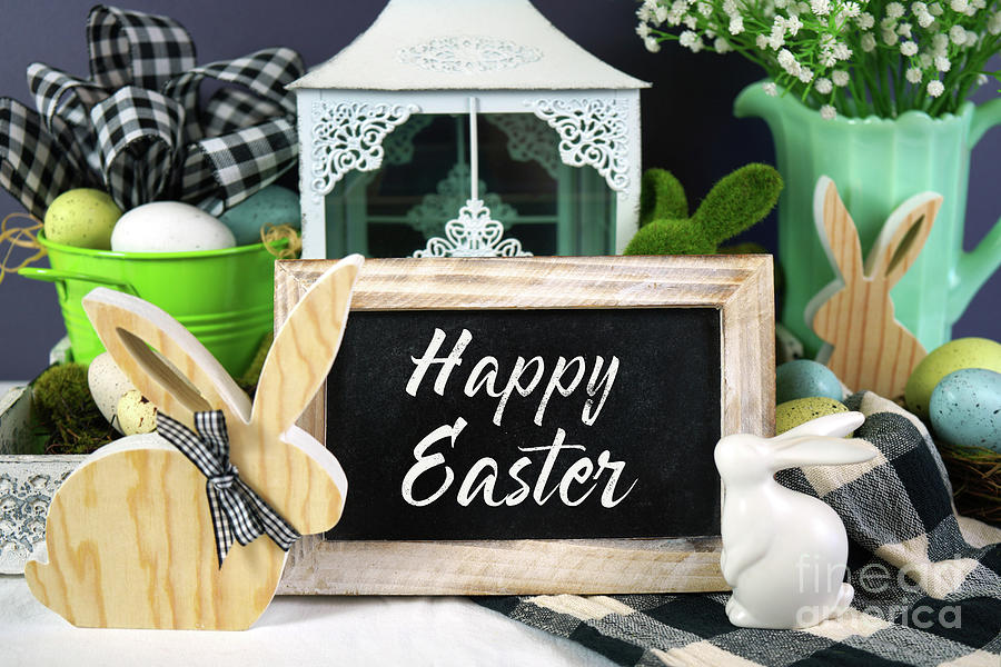 Easter farmhouse vignette with wooden chalkboard sign Photograph by Milleflore Images
