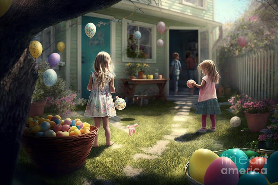 Easter Digital Art - Easter Fun in the Garden, Photorealistic Hunt for Hidden Eggs by Jeff Creation