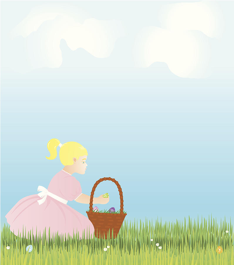 Easter holiday scene with girl, basket and eggs Drawing by SongSpeckels
